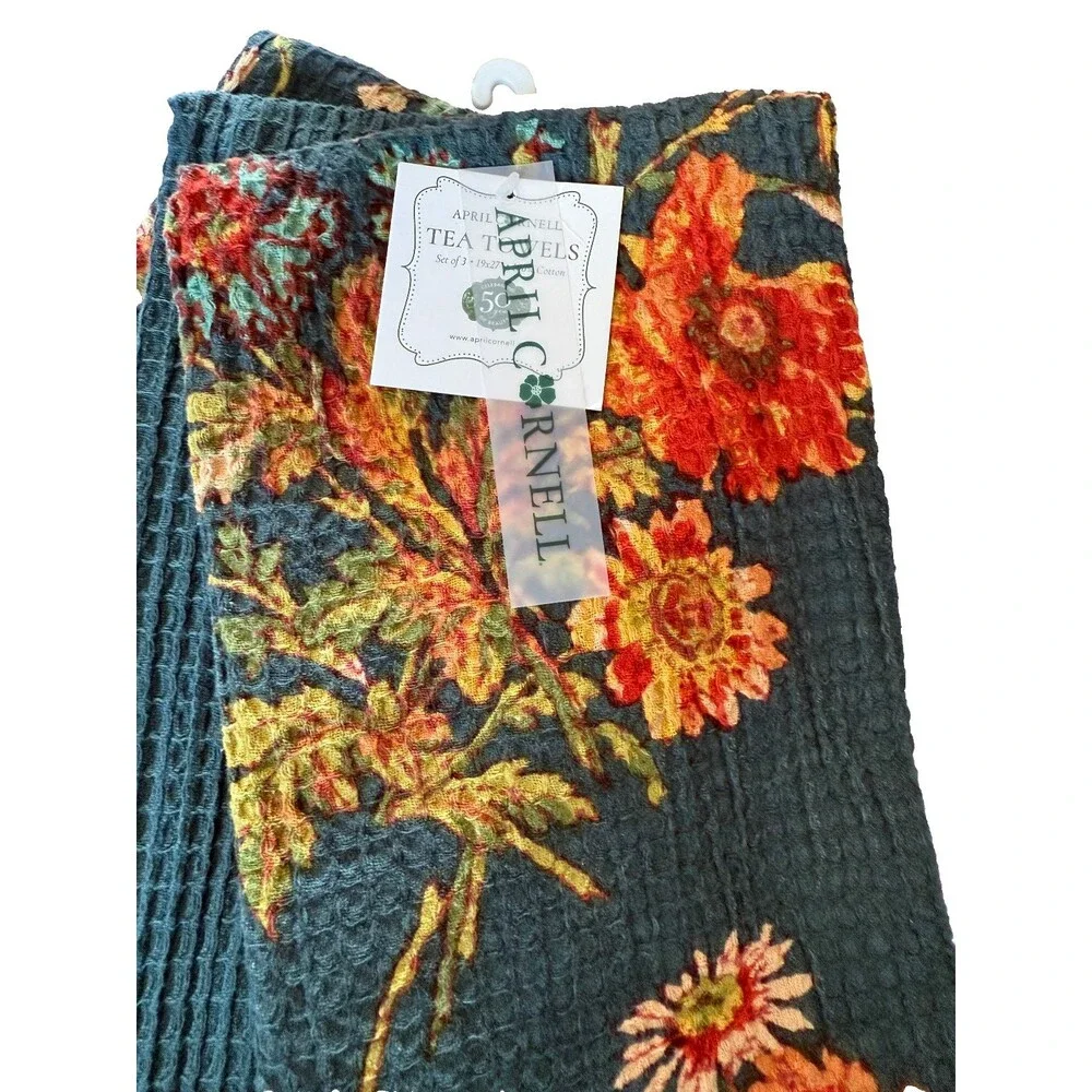 April Cornell Kitchen Set of 3 Dish Towels Dark Blue Wildflowers Waffle Weave